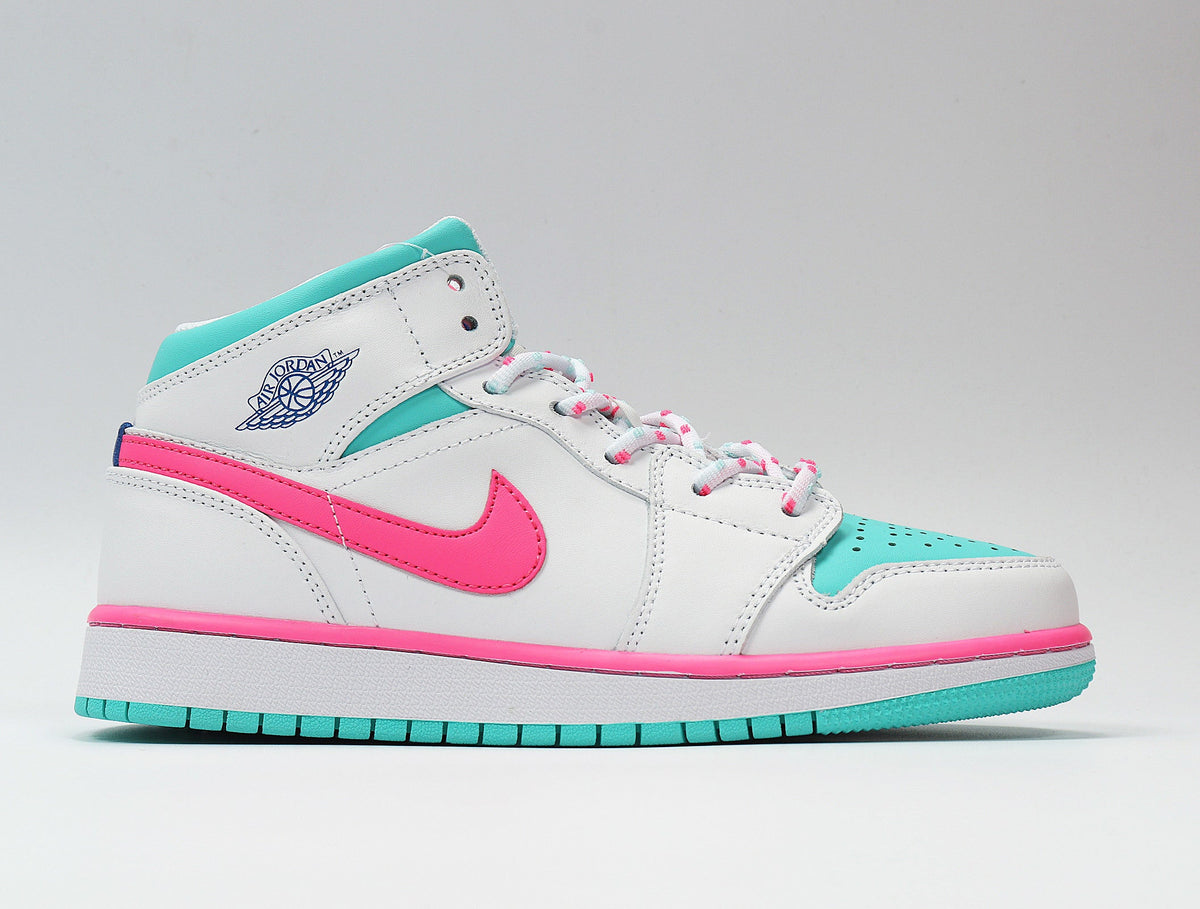 Jordan 1 Mid Sneakers White Pink Aqua 555112-102