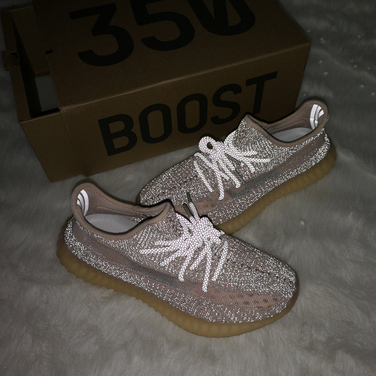 Yeezy 350 V2 Knit Sneakers in Light Gray and Tan