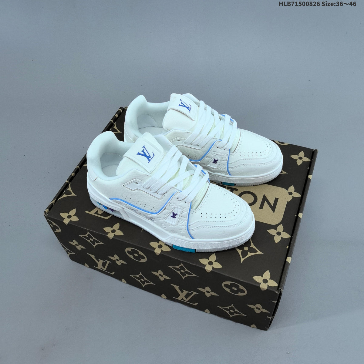Louis Vuitton White Low-Top Sneakers with Blue Accents