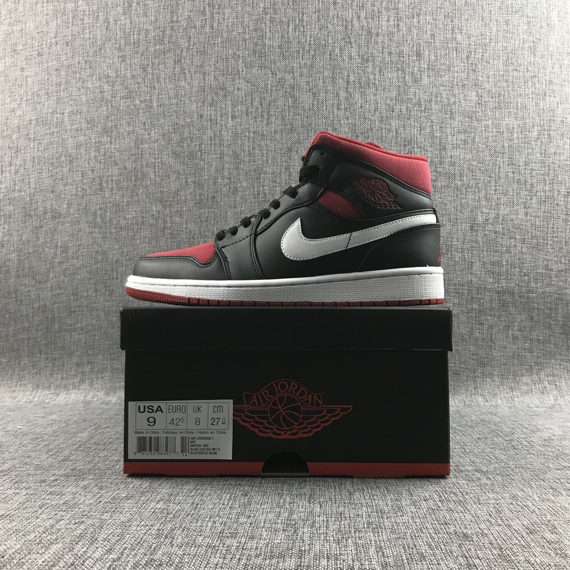 Jordan 1 Mid Black Red Canvas-Style Sneakers 554724-020