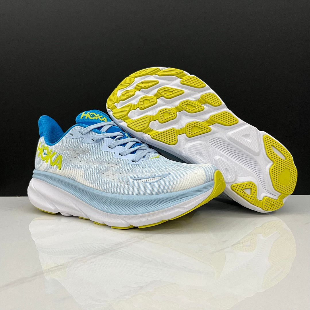 HOKA Clifton 9 Running Shoes, Pale Blue and Lime