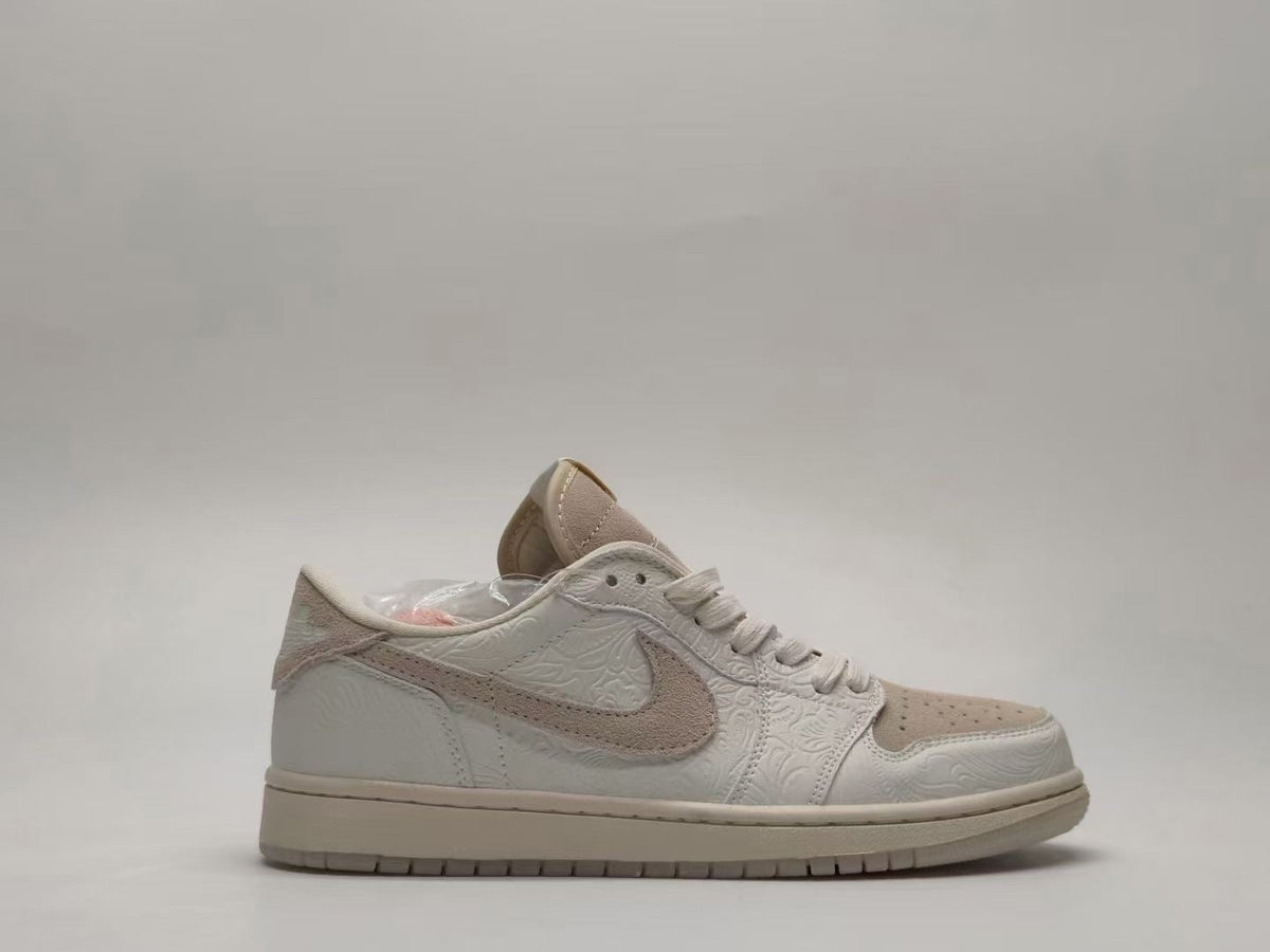 Jordan 1 Low Paisley Embossed Sneakers in Cream and Taupe