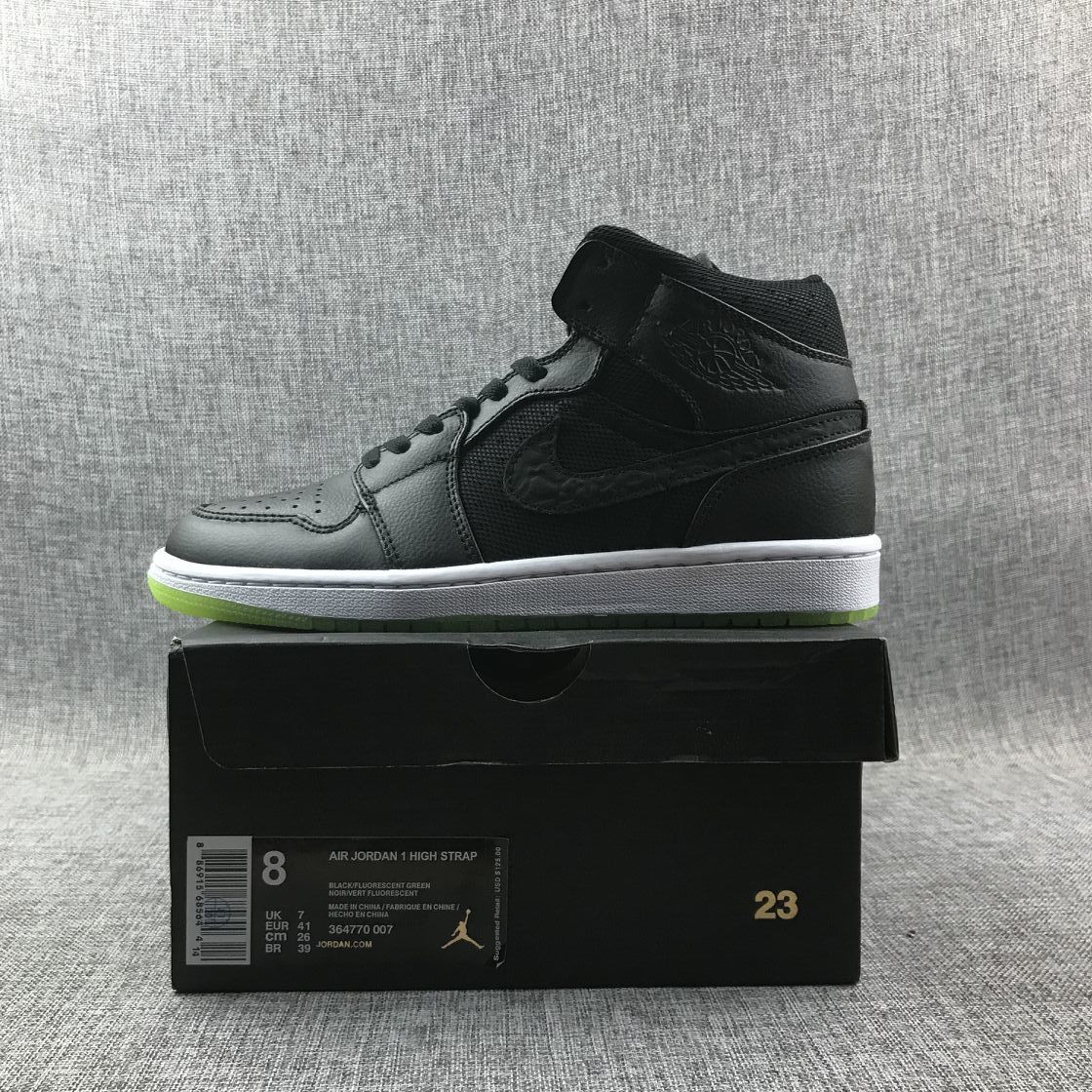 Jordan 1 High Strap Black and Fluorescent Green Sneaker 364770-007