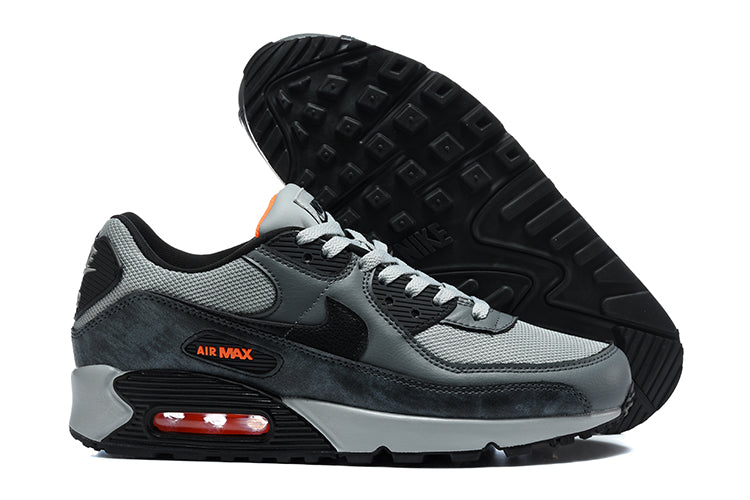 Nike Air Max 90 Sneakers, Grey and Black with Orange Accents