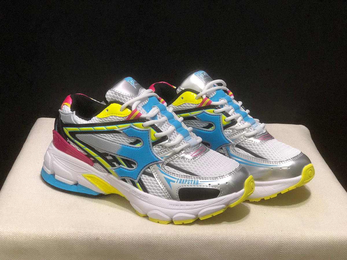 Trapstar Retro Chunky Sneakers in White, Blue and Neon Yellow