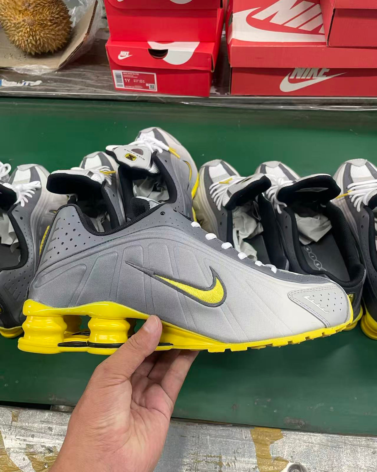 Nike Shox R4 Gray and Yellow Sneakers