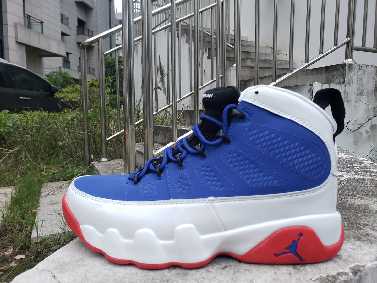 Jordan 9 High-Top Sneakers in Blue, White and Red