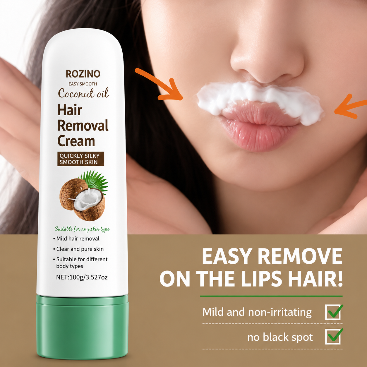 ROZINO Coconut Oil Hair Removal Cream | Gentle & Painless Depilatory for Face, Lips, Arms & Legs | 100g