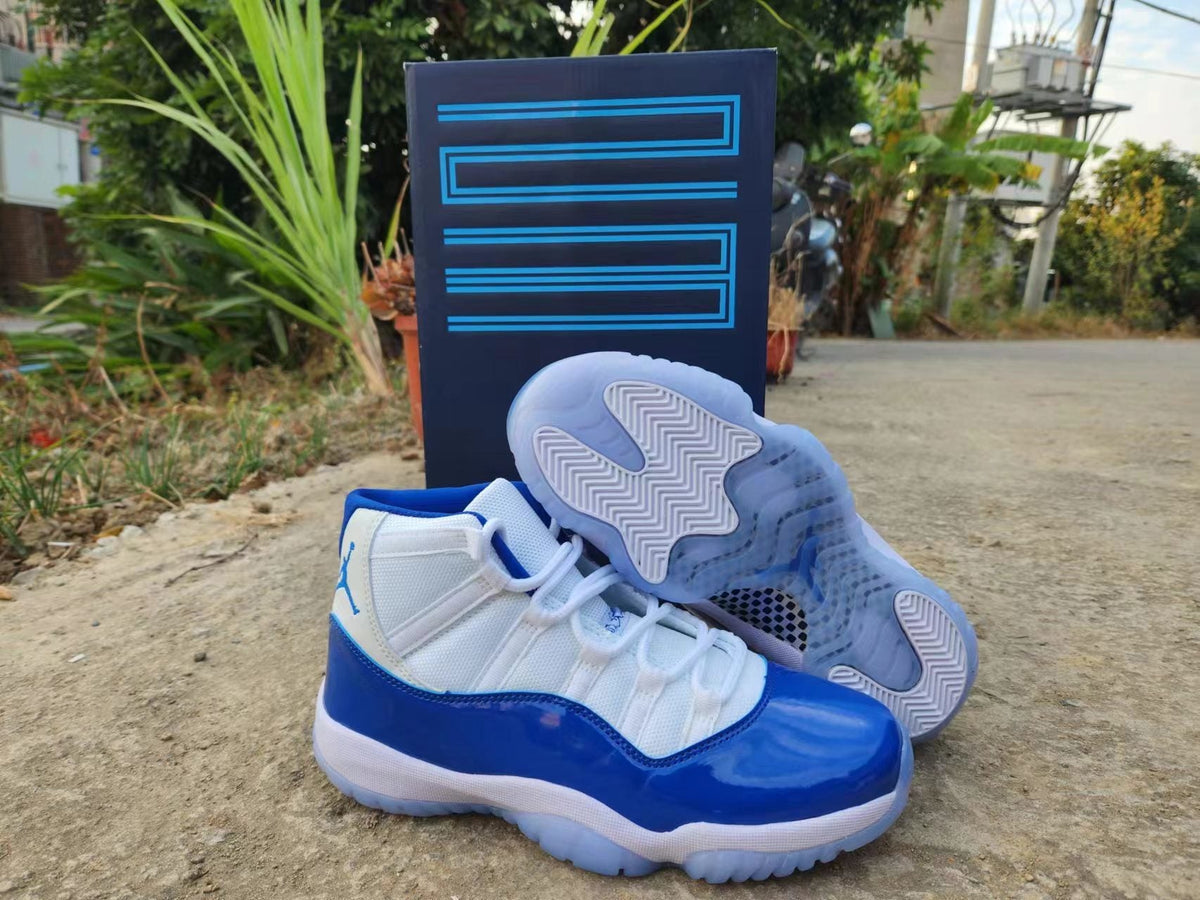 Jordan 11 White and Royal Blue High-Top Sneakers