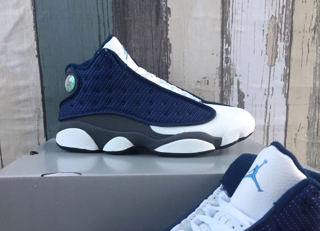 Jordan 13 White, Navy and Gray 3M Sneakers