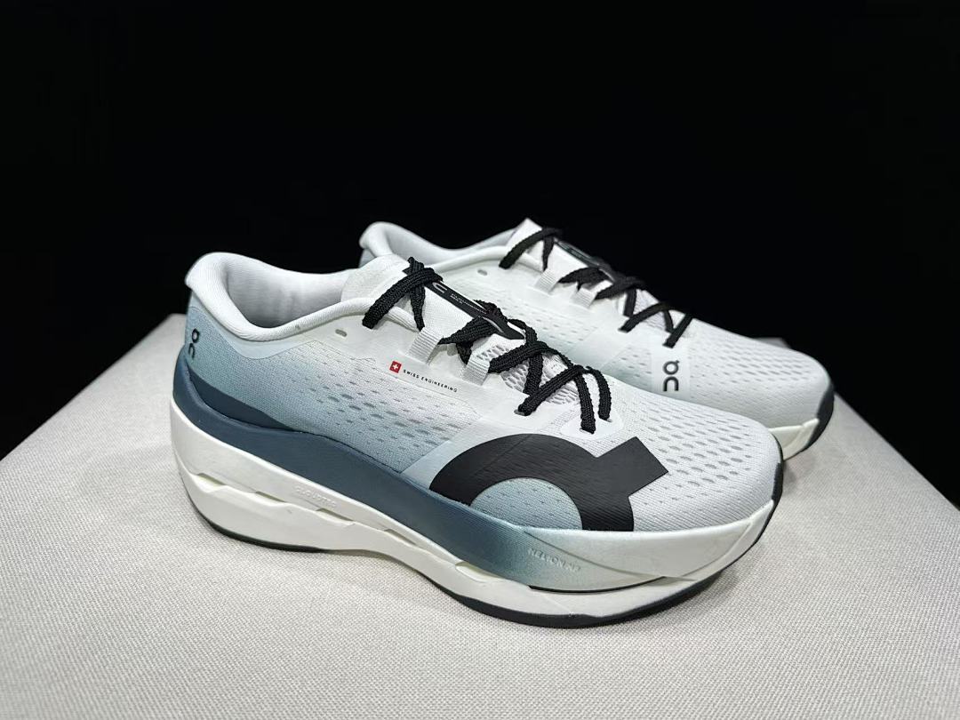 On Cloudboom Max Running Shoes in White and Lake Blue
