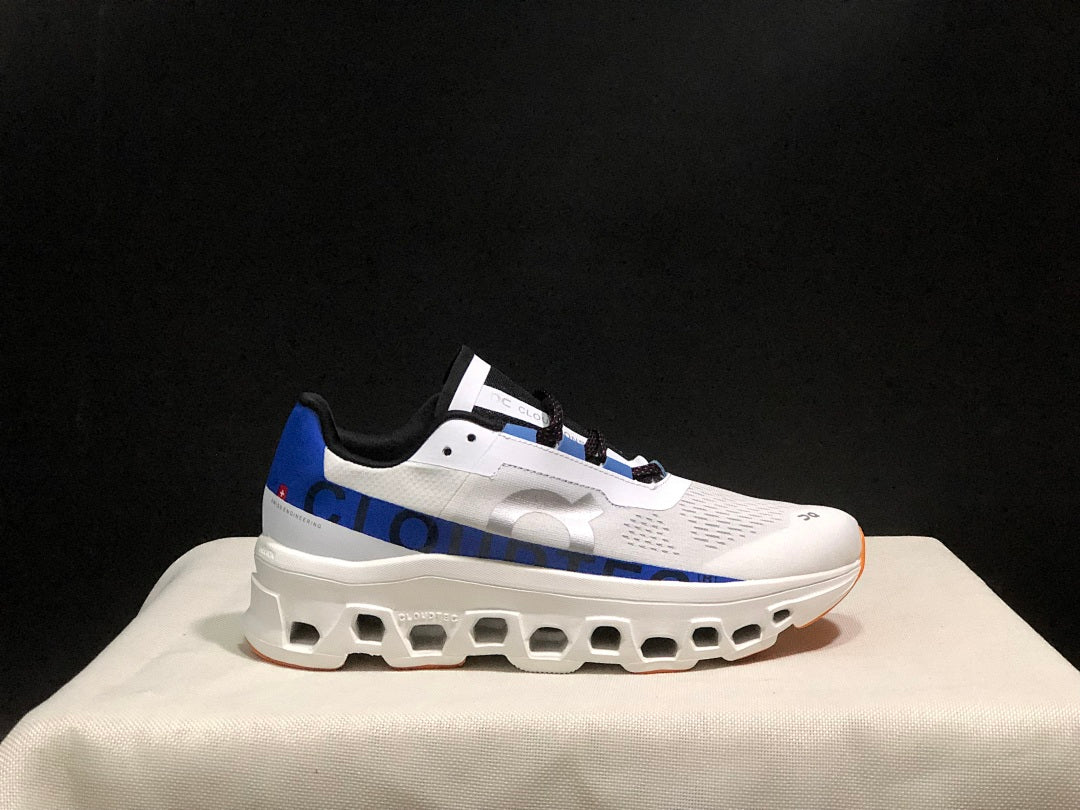 On Cloudmonster Sneakers in Mist White and Blue