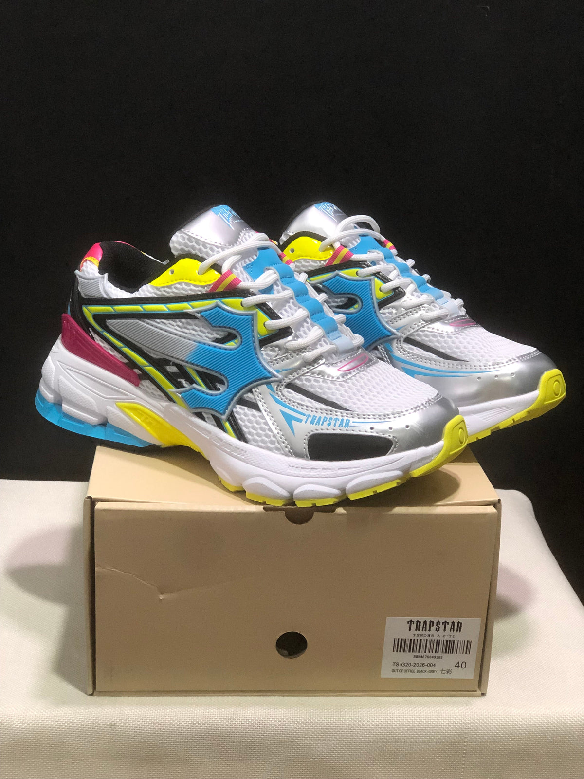 Trapstar Retro Chunky Sneakers in White, Blue and Neon Yellow