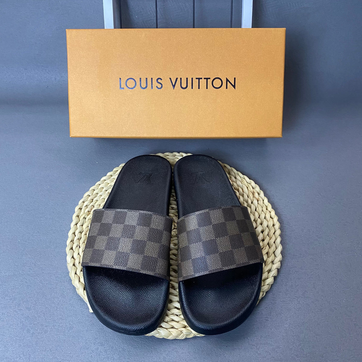 Louis Vuitton Monogram Slide Sandals with Black Footbed