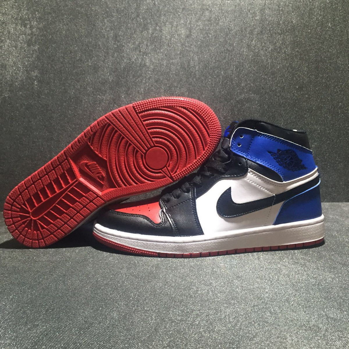 Jordan 1 High Three-Color Sneaker in Black, Blue and Red