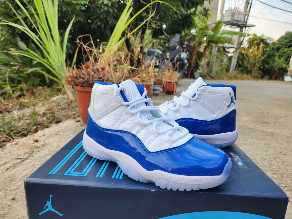 Jordan 11 White and Royal Blue High-Top Sneakers