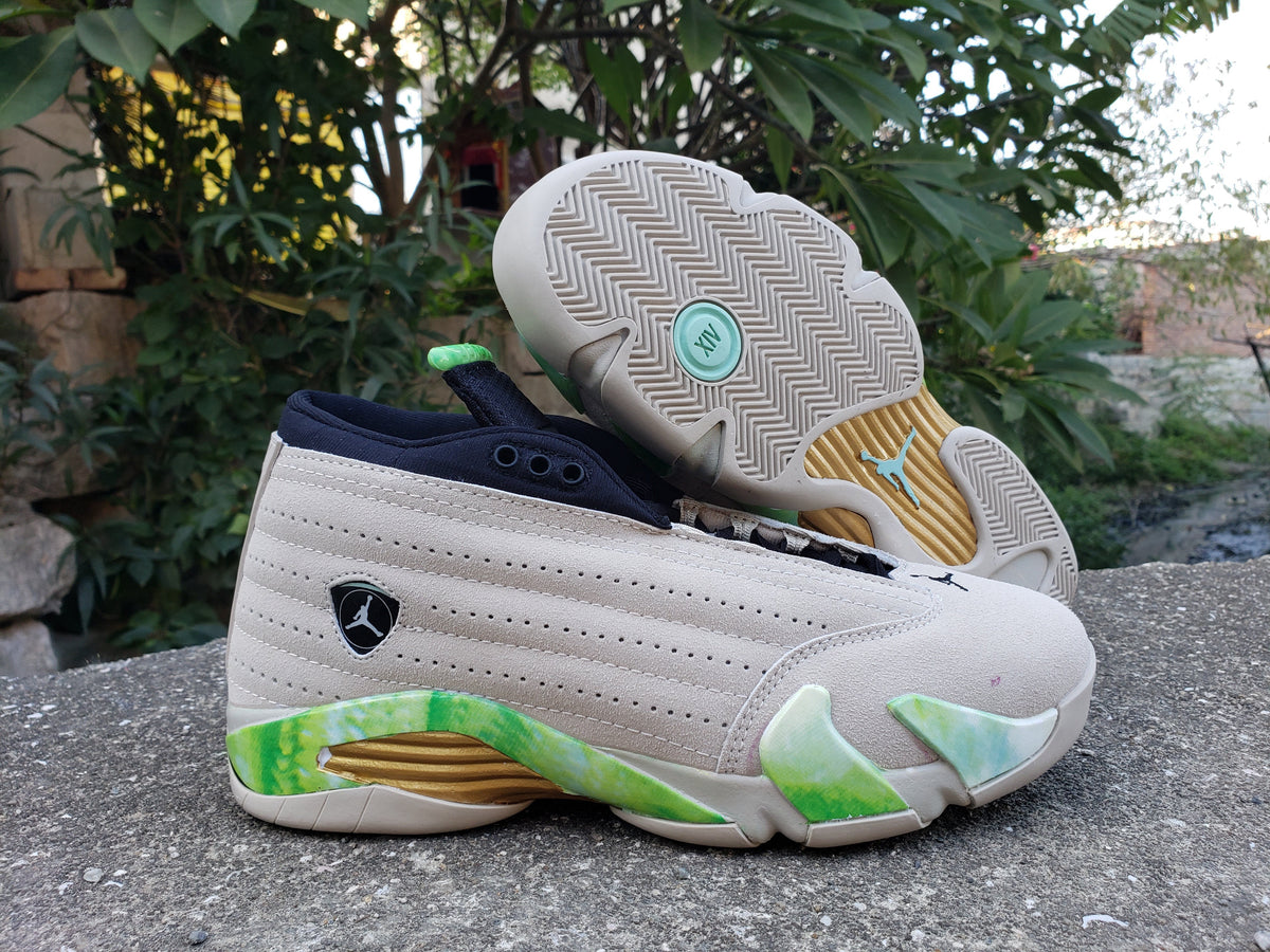 Jordan 14 Mid Sneakers in Gray, Green and Gold