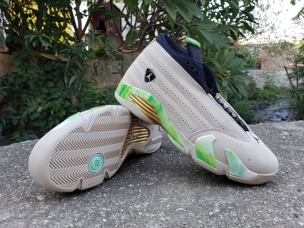 Jordan 14 Mid Sneakers in Gray, Green and Gold