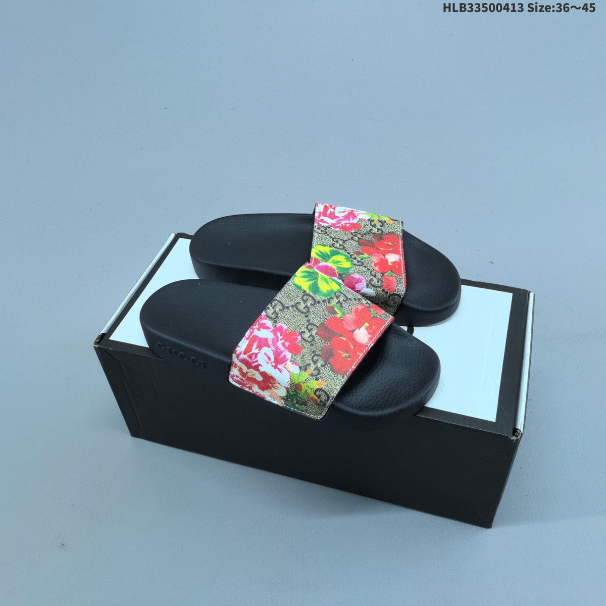 Gucci Floral Print Slide Sandals with Black Footbed
