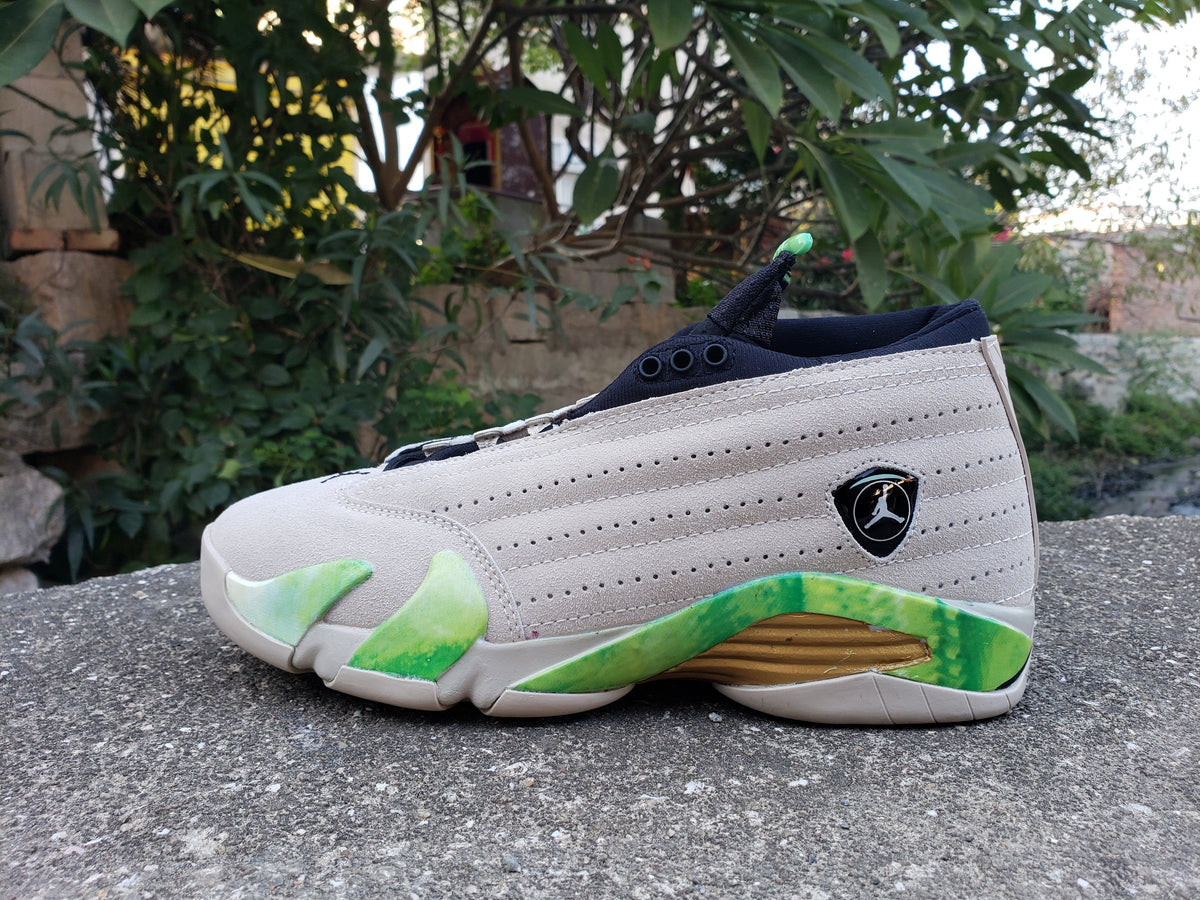 Jordan 14 Mid Sneakers in Gray, Green and Gold