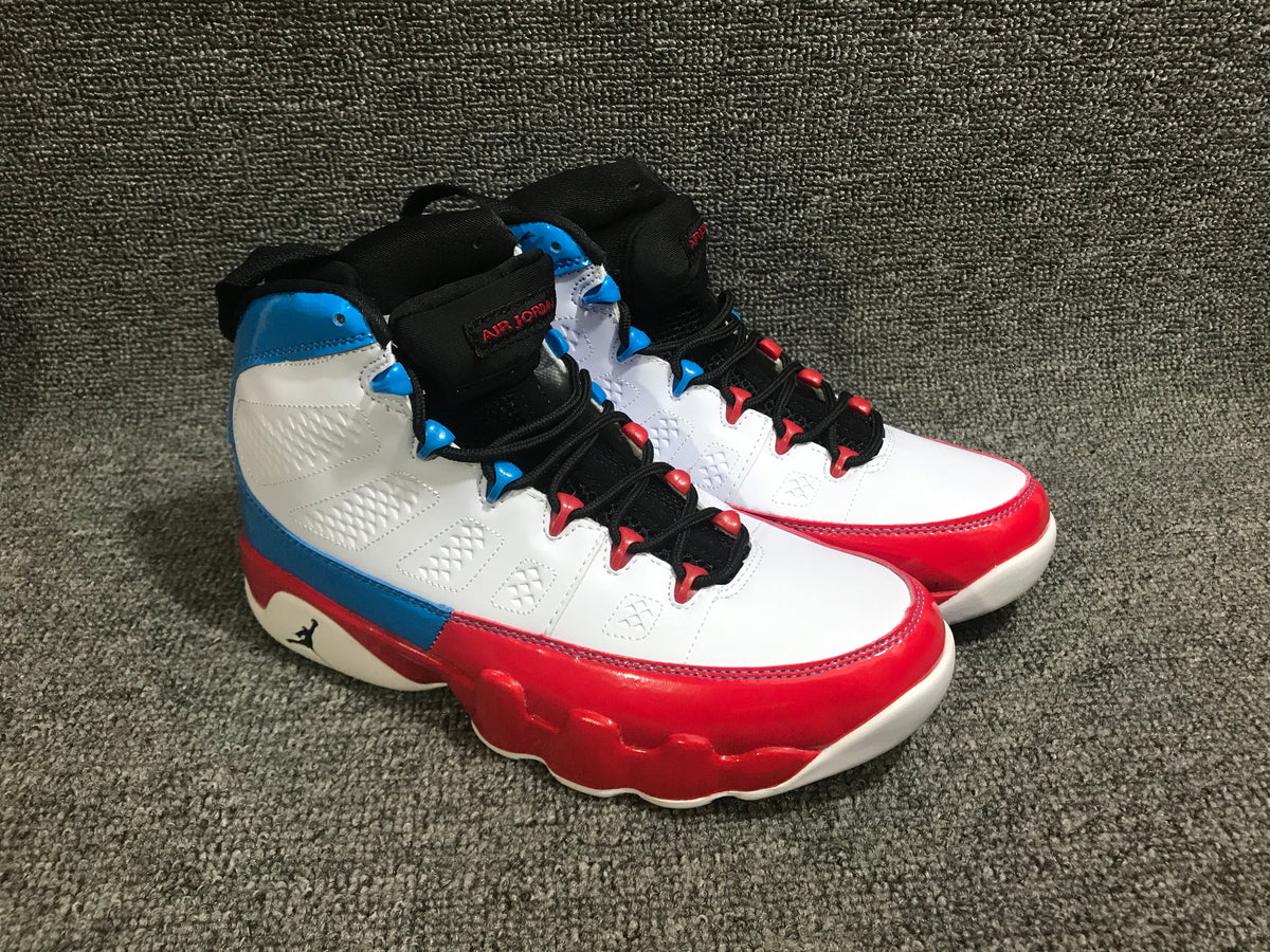 Jordan 9 Retro White, Red and Blue High-Top Sneakers