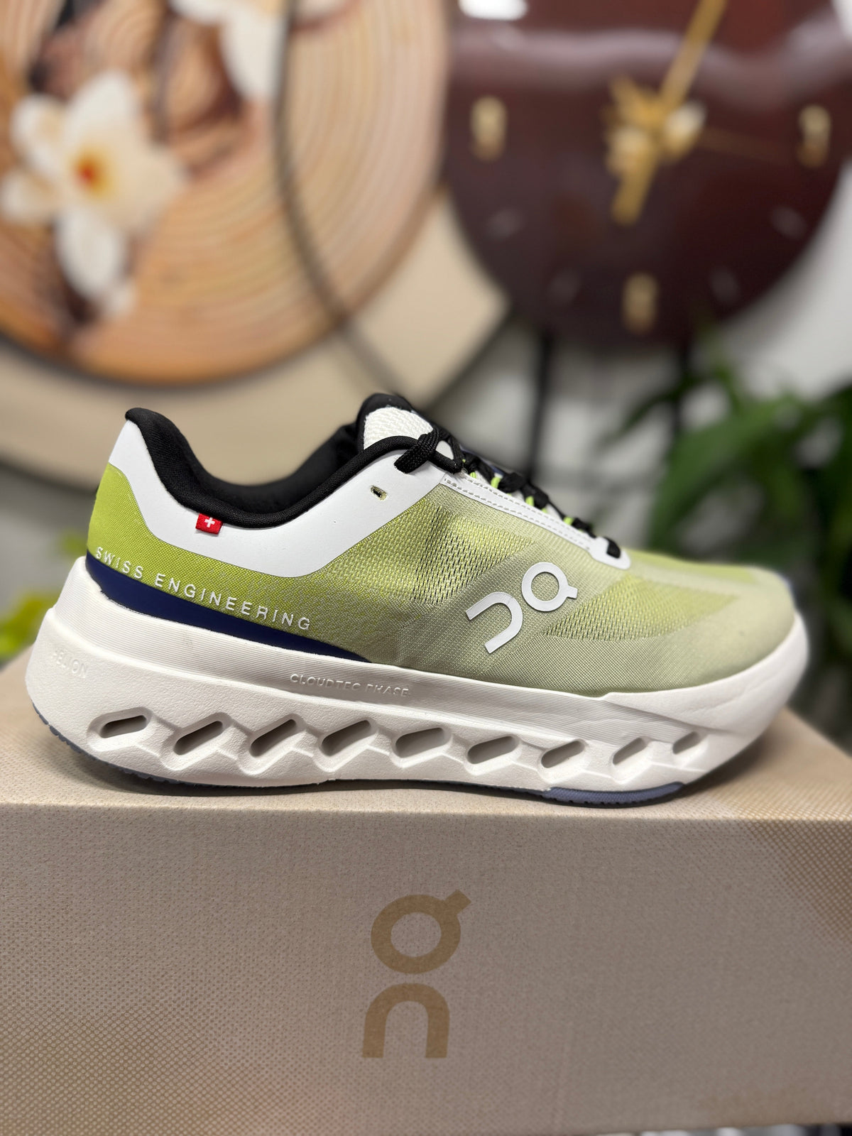 On Cloudsurfer Running Shoes in Lime Green and White