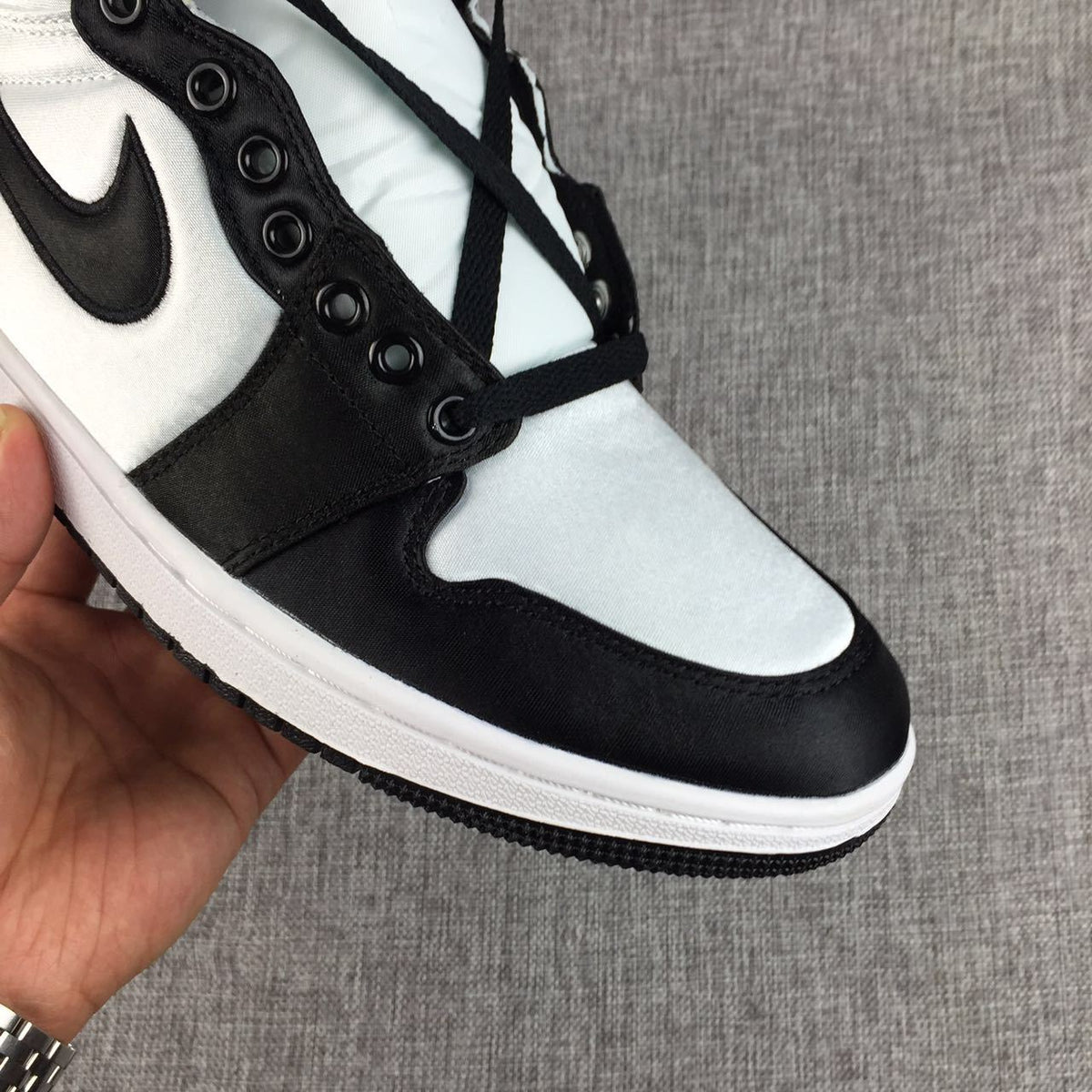 Air Jordan 1 High Black and White Satin-Style Sneakers