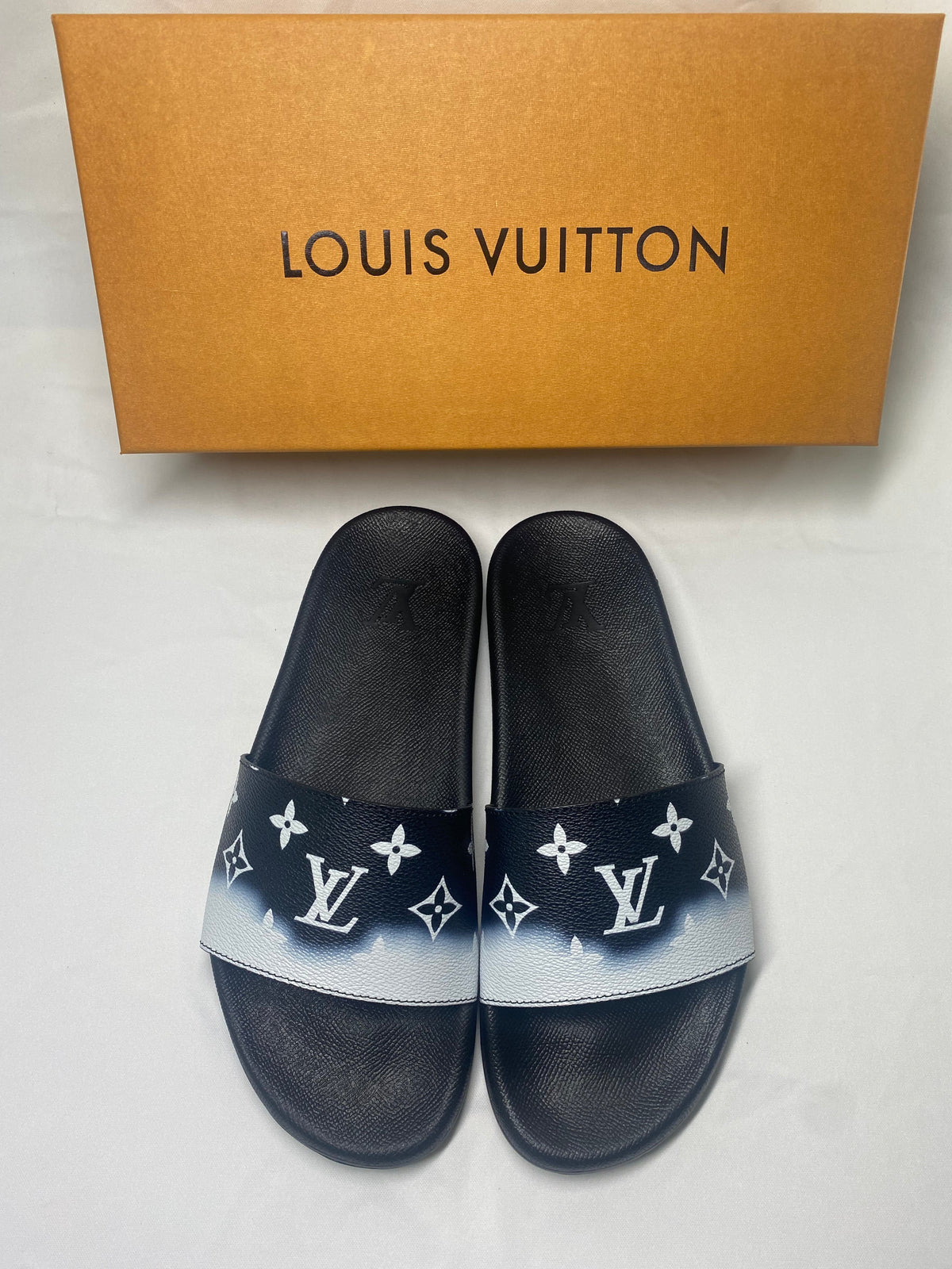 Louis Vuitton Monogram Slide Sandals with Black Footbed