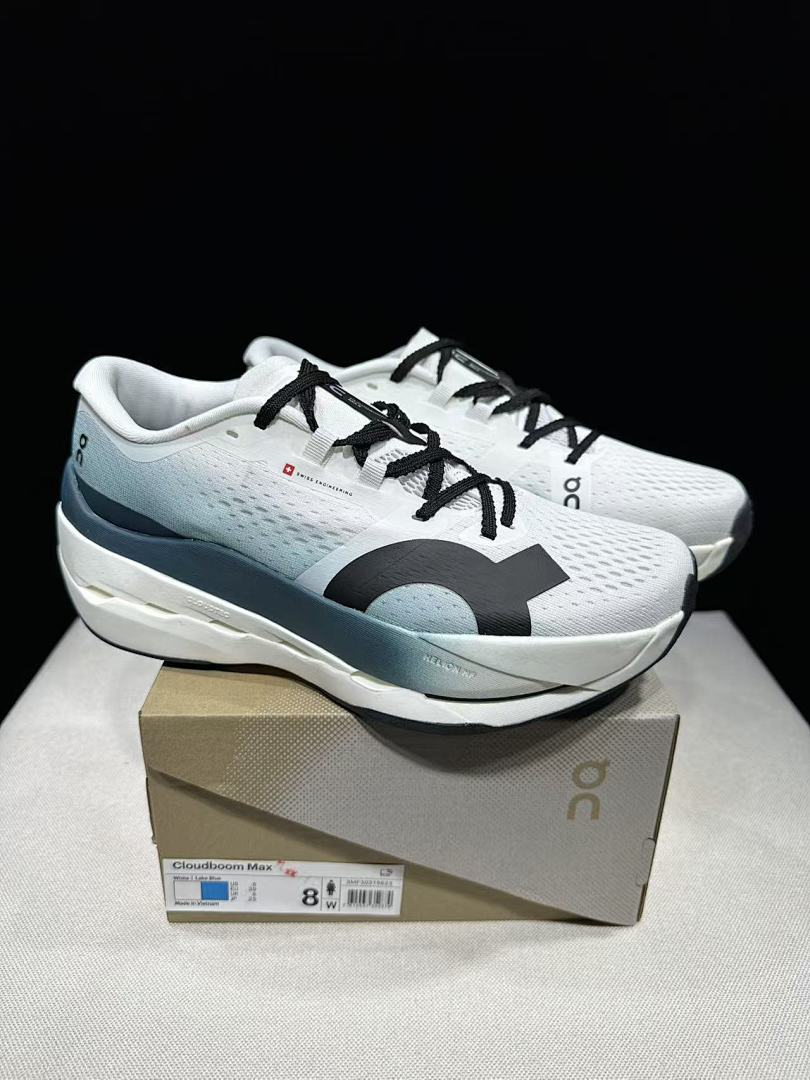 On Cloudboom Max Running Shoes in White and Lake Blue