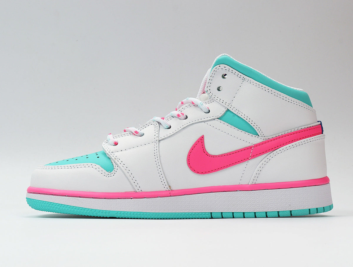 Jordan 1 Mid Sneakers White Pink Aqua 555112-102