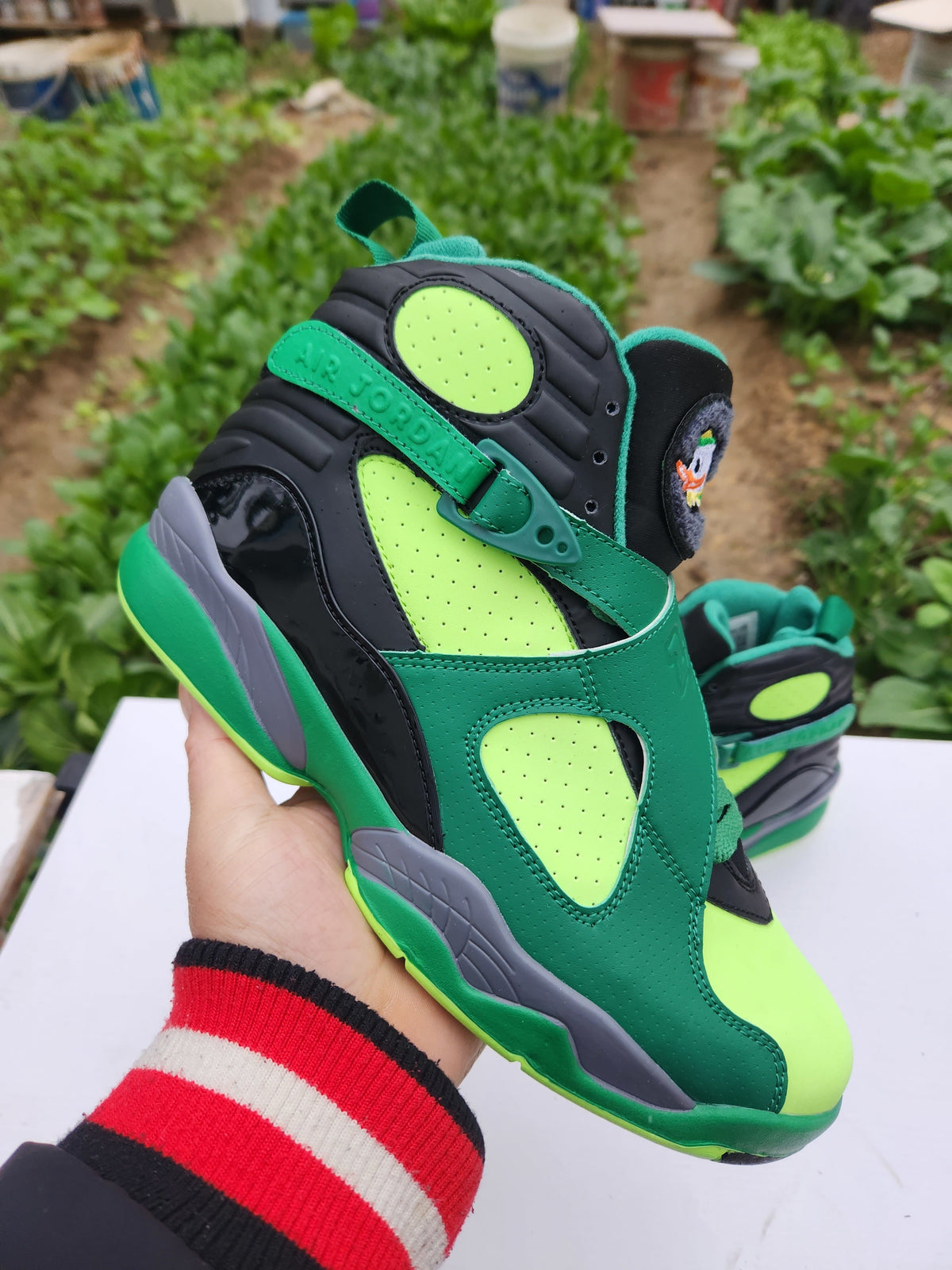 Jordan 8 High-Top Sneakers in Green, White and Grey