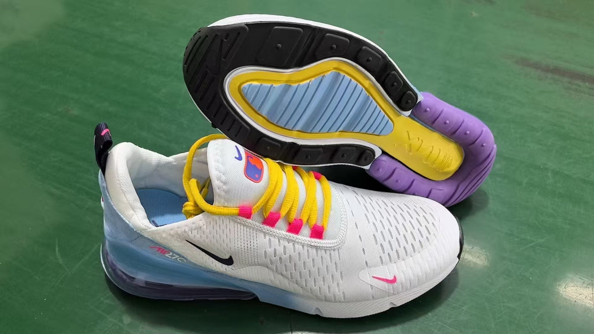 Nike Air Max 270 White, Purple, and Orange Sneakers