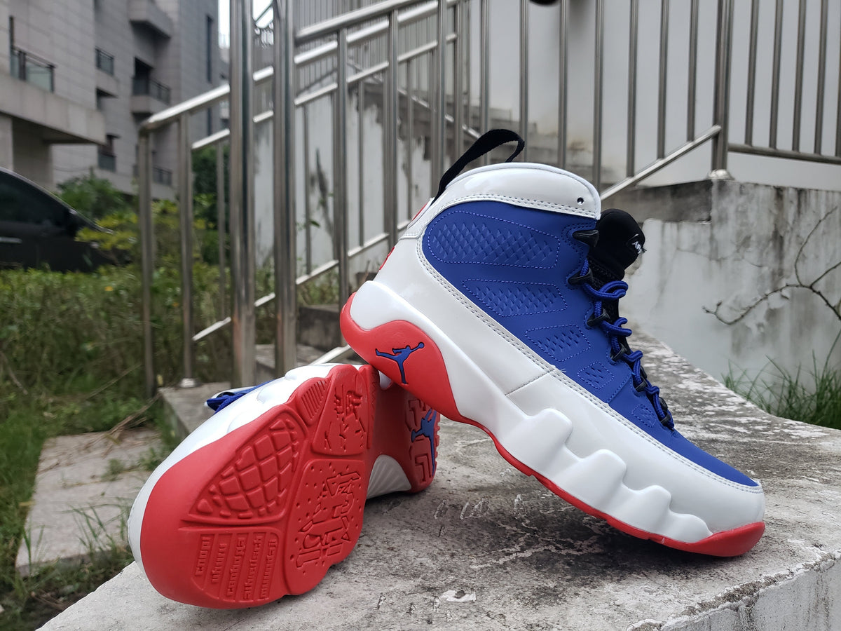 Jordan 9 High-Top Sneakers in Blue, White and Red