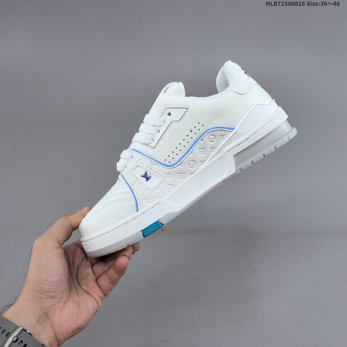 Louis Vuitton White Low-Top Sneakers with Blue Accents