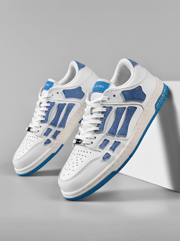 AMIRI Bone-Look Low-Top Sneakers in White and Denim Blue