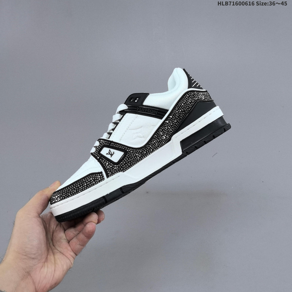 Louis Vuitton Trainer Sneakers in White and Black with Embellished Trim
