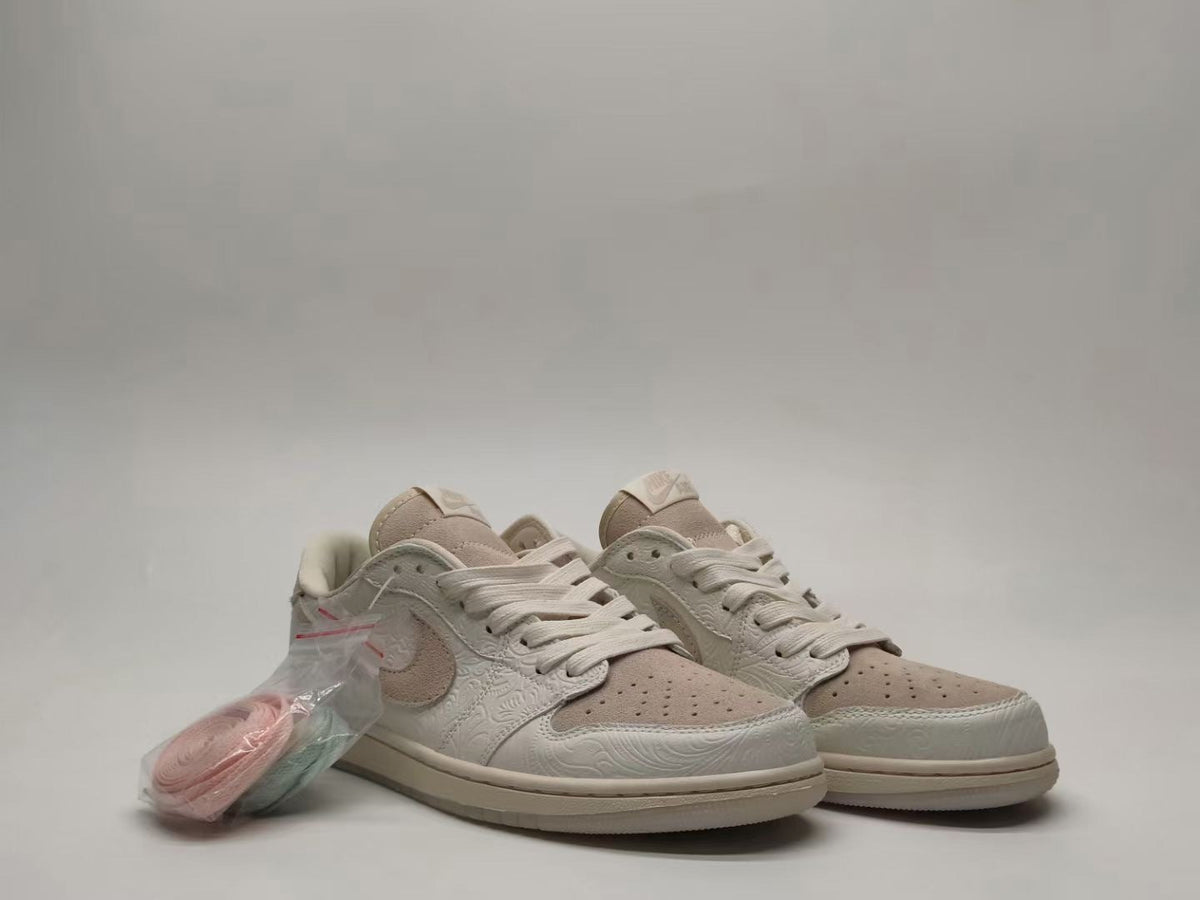 Jordan 1 Low Paisley Embossed Sneakers in Cream and Taupe